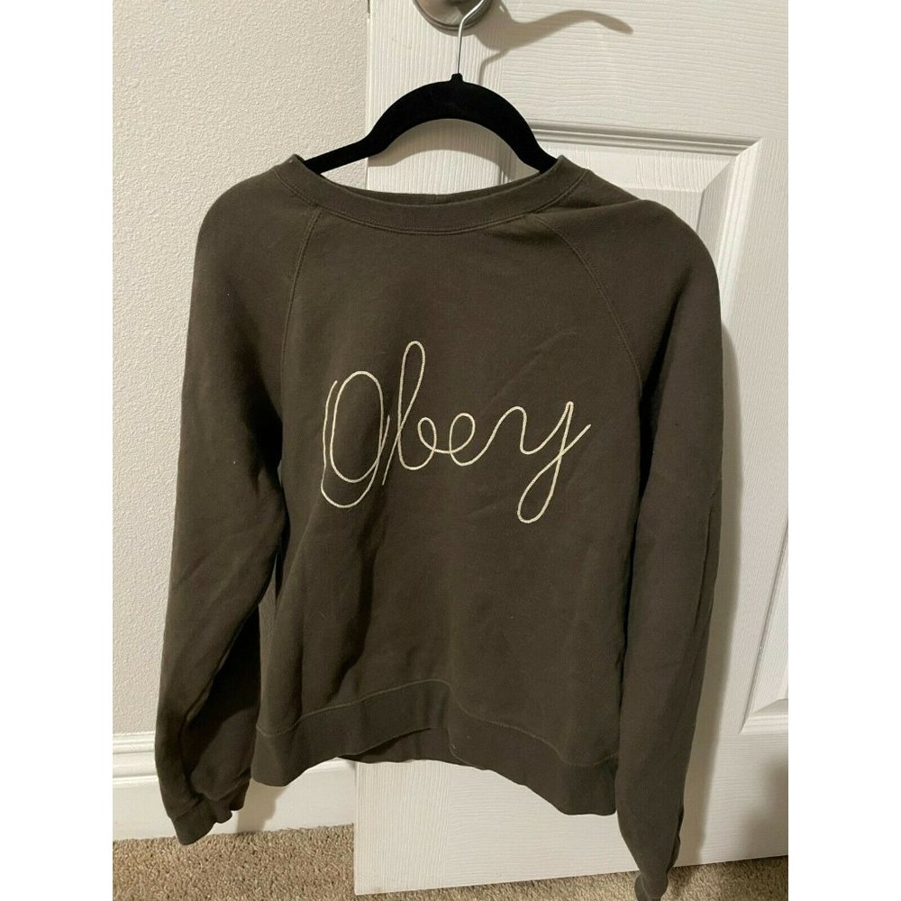 OBEY Text Super Soft Vintage Sweater Women's XS Olive Green Long Sleeve